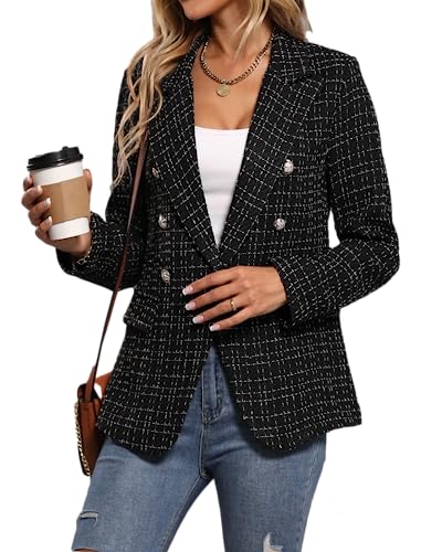 Mina Self 2025 Women's Spring Tweed Blazer Jacket Plaid Fully-Lined Fashion Business Casual Lapel Elegant Coat with Pockets Trendy Plaid Pattern Women's Spring Blazer Jacket for Business Casual Wear Elegant Fully-Lined Blazer With Pockets Women's Spr