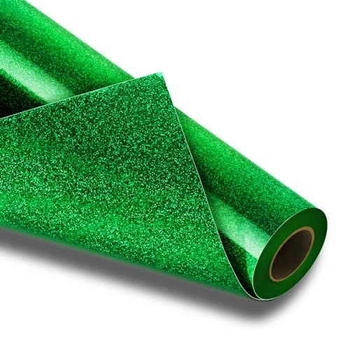 VinylRus Green Glitter HTV Heat Transfer Vinyl Roll-12 x 10ft Green Glitter HTV Vinyl for T-Shirt Clothing Bags Glitter Iron on Vinyl for All Cutter Machine - Easy to Cut and Weed