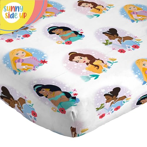Image of Sunny Side Up Disney Princess Full Sheet Set - 4 Piece Kids Bedding Set Includes Pillow Cover - Super Soft Rainbow Microfiber Sheets Moana, Belle & Rapunzel