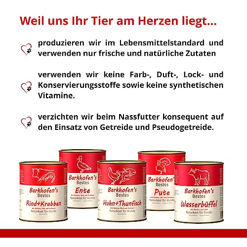 Barkhofen Tiernahrung Nassfutter für Ihren Hund 6X 800g – Hundefutter nass & getreidefrei mit Ente - Hunde Futter in Dosen ohne Getreide
