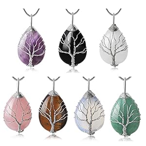 SANSWL Tree of Life Crystal Necklace 7 Pieces Set,Healing Stone Teardrop Neckalces, Energy Crystal Spiritual jewelry,Handmade Wire Wrap Natural Gemstone Reiki Pendant…