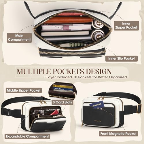 Image of RAINSMORE Fanny Packs for Women, Leather Belt Bag Waterproof Everywhere Crossbody Waist Pack with Adjustable Strap Retro Sling Chest Bag for Work Running Travel Party, Black with White