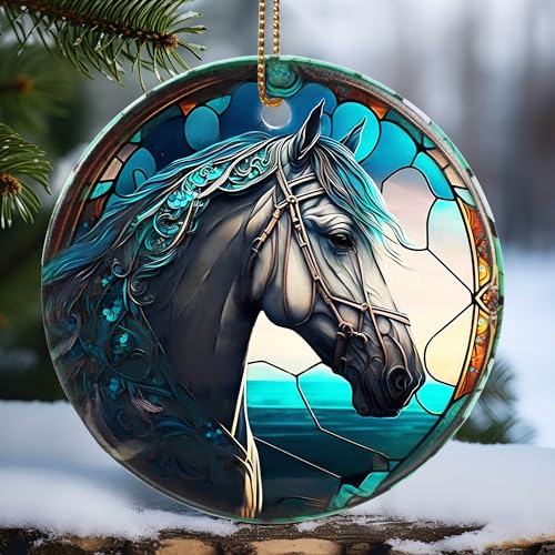 Touber Horse Ornament, Christmas Decoration, Holiday Present Idea, Heirloom Keepsake, Round Ceramic, Bauble Present, Horse