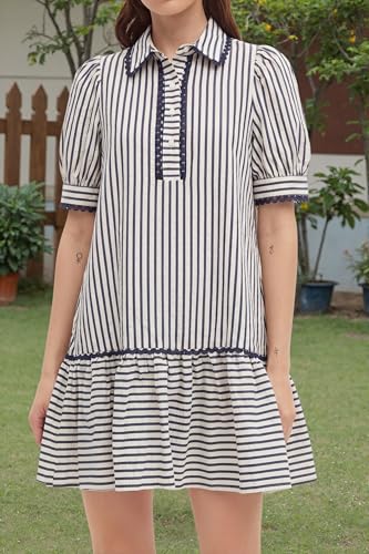 Image of EZAPINE Women Striped Shirt Dress Summer Button Down Collared Short Puff Sleeve Ruffle Hem Casual Flowy Mini Dress