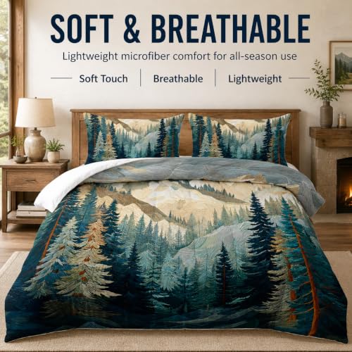 Image of AILONEN Queen Size Comforter Set,Mountains Forest Landscape Art Bedding Set for Room Decor,Lightweight Micorifber Duvet with 2 Pillowcases,3Pcs