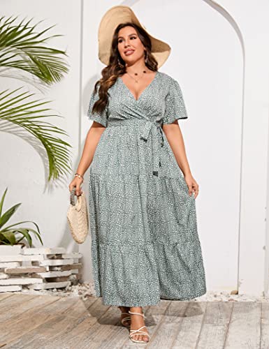 Image of ShopWonder Womens Plus Size V Neck Wrap Maxi Dress High Waist Ruffle Summer Casual Dress with Belt