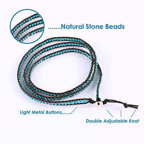 Miss Rabbit Boho Layered Leather Handmade Bracelet, Natural Stone Beaded 5 Wrap Bracelets for Women Blue Turquoise Beads Bohemian Bracelet Jewelry2