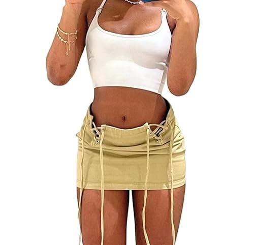 APCGSM Falda de Mujer Verano Básico Elástico Sólido Cordón hasta Cintura Alta Mini Faldas ottoms Clubwear Bodycon Falda (Color : Apricot, Size : Large)