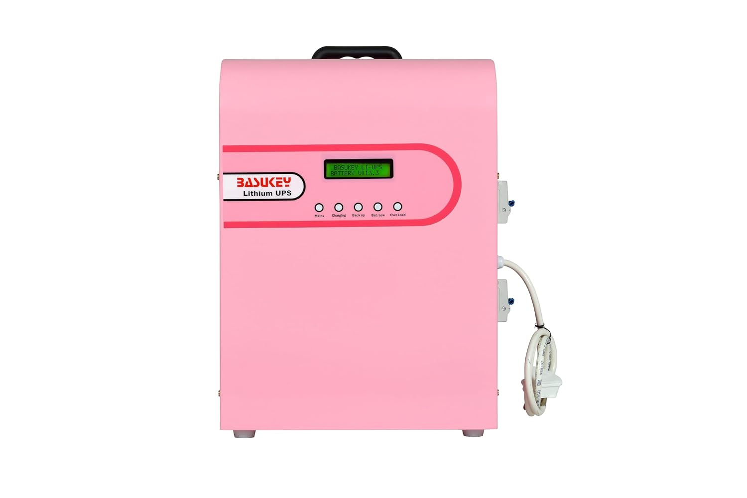 Front view of BASUKEY BD500 Lithium UPS showing LCD display and indicator lights