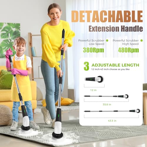 Image of YKYI Electric Spin Scrubber, Cleaning Brush for Home with 8 Replaceable Brush Heads, 480RPM /90Mins /2 Speeds, Electric Scrubber with Long Handle for Bathroom, Tile (Ivory)