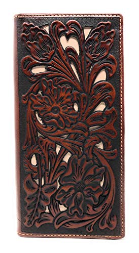 Western Genuine Leather Tooled Laser Cut Basketweave Men's Long Bifold Wallet in 8 colors (Coffee/Beige)