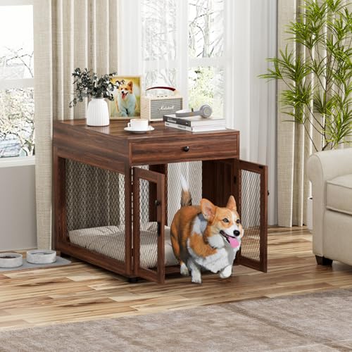 VOWNER Hundekäfig Möbel Indoor, 3 Türen Holz Hundebox mit Schublade, Moderne Hundehütte als Beistelltisch, 60 x 80 x 69 cm für kleine/mittelgroße Hunde Zuhause unter 30 kg, Walnussbraun