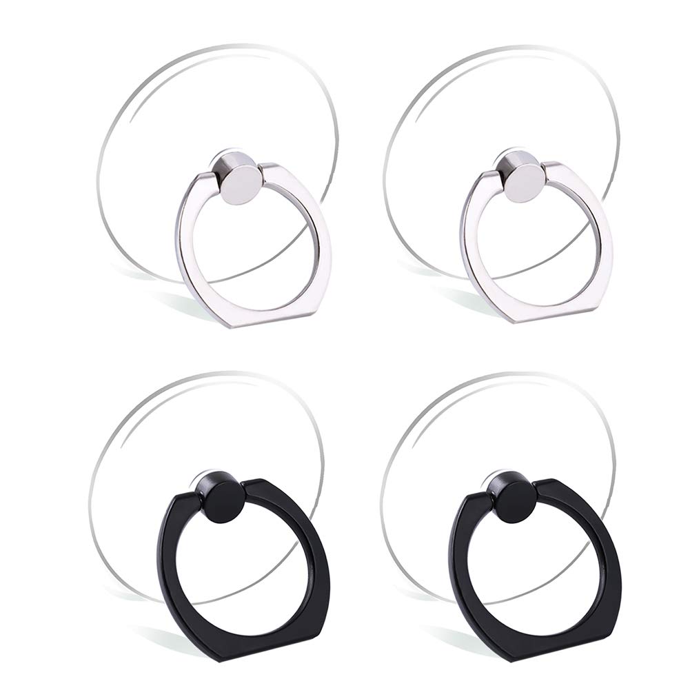 Cell Phone Ring Holder Stand Transparent Finger Grip Loop 360 Degree Rotation Finger Ring Stand (2 Silver 2 Black (Round))