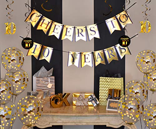 10th Birthday and Anniversary Decorations Party Pack - Cheers to 10 Years Banner, Balloons, Swirls and Confetti Party Supplies - Image 3