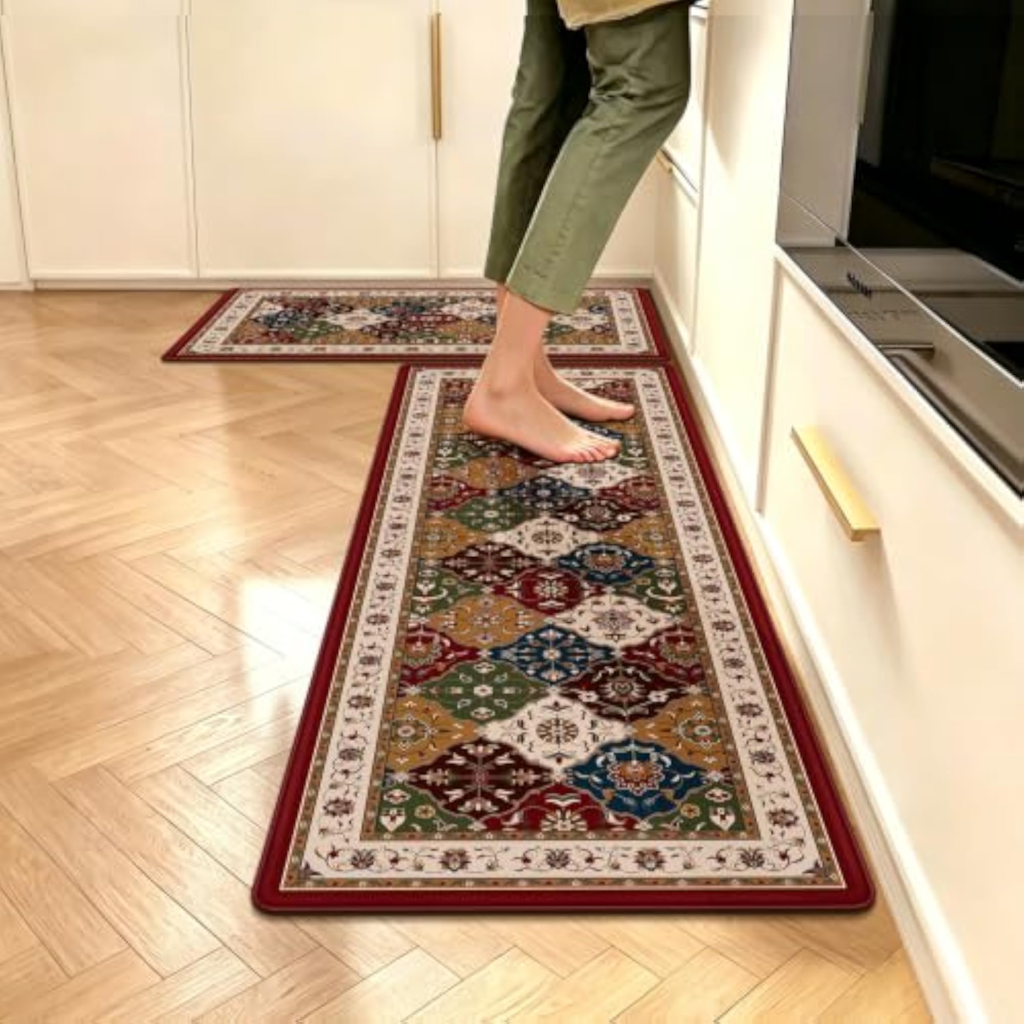 Turkish Patchwork Kitchen Floor Mats, 2-Piece Non-Slip Anti-Fatigue Rugs