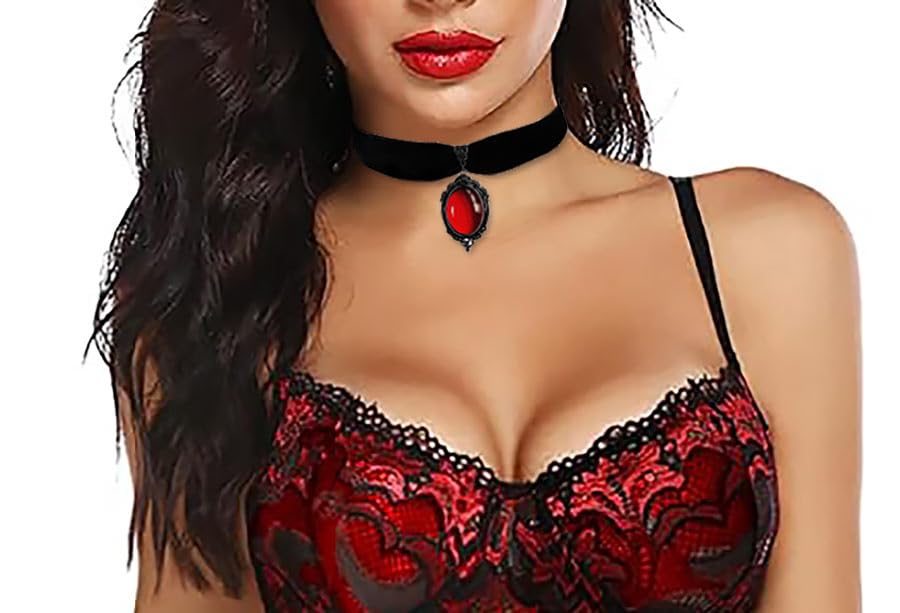Gothic Choker Pirate Necklace for Women. Blood Red Stone for Grunge Style with Silver/Pewter Finish. Pendant Witch Necklace for Woman Halloween Costume Jewelry Vampire Accessories, Evil Eye, Female Devil, Antique Amulet2