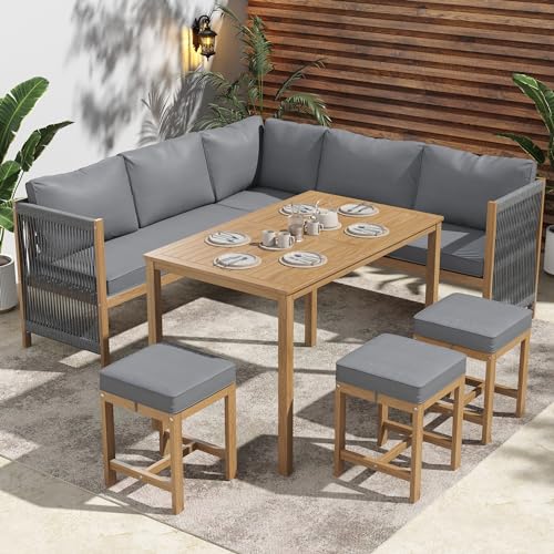 Juego de muebles de jardín de madera de acacia con sofá esquinero de polirratán, mesa y taburetes para 7-8 personas, resistente a la intemperie, color gris/natural (incluye cojines lavables)
