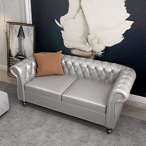 Image of ORRD Chesterfield Loveseat, Modern Leather Sofa Tufted Couch 2 Seater with Rolled Arms and Nailhead for Living Room, Bedroom, Office, Apartment (Grey)