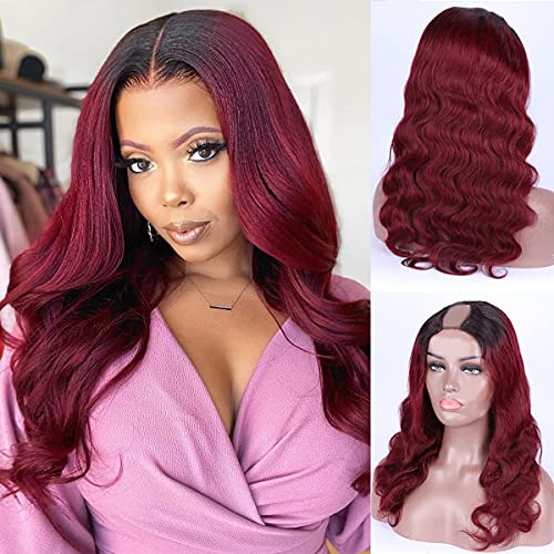 Supernova 99J Wig, 1B/99J Burgundy U Part Wigs for Black Women Burgundy Ombre Color with Dark Roots Body Wave U Part Clip in Wig Human Hair Wine Red Wig (24 Inch）