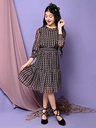 Image of LILPICKS Girls All Over Printed Drop Waist Long Sleeve Dress (Black Purple)