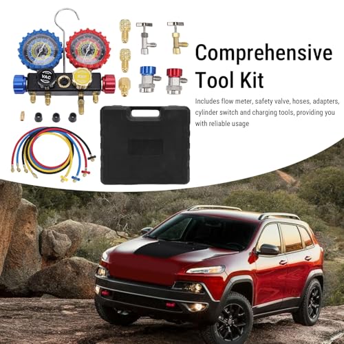 Juego de Manómetros para Aire Acondicionado Automotriz con Válvulas de Seguridad, Mangueras y Adaptadores para Refrigerantes R410A, R32, R134A y R22, Manómetros HVAC en Latón miniatura 6