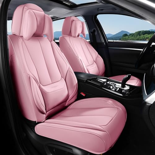 Image of Coverado Seat Covers, Car Seat Covers Front Seats, Car Seat Cover, Car Seat Protector Waterproof, Seat Cushion Nappa Leather with Head Pillow, Carseat Cover Universal Fit for Most Cars (Pink)