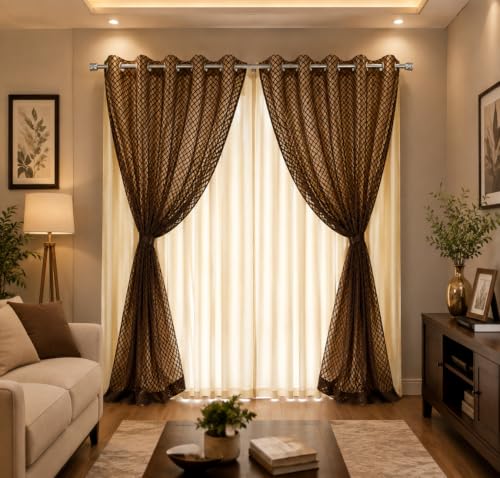 Image of Double Curtains 2 in 1 Embroidery Transparent Curtain with 80% Blackout Curtain Best for Every Interior Living Room (Coffee 8ft Set 02)