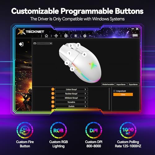 Image of TECKNET Wireless Gaming Mouse - 8000 DPI, RGB Backlit, 6 Programmable Buttons, 100Hrs Battery Life, Dual Mode [2.4G & USB-C] for Laptop,PC,Mac - White