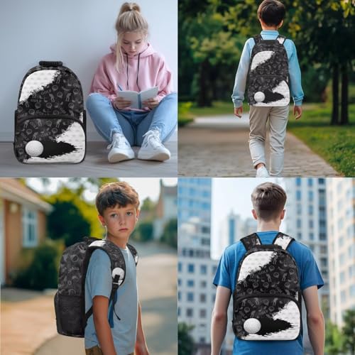 Golf Printed School Backpack and Lunch Box Set with Water Bottle Holder Pencil Case Lightweight Backpack Set for Preschool Middle School, Black2