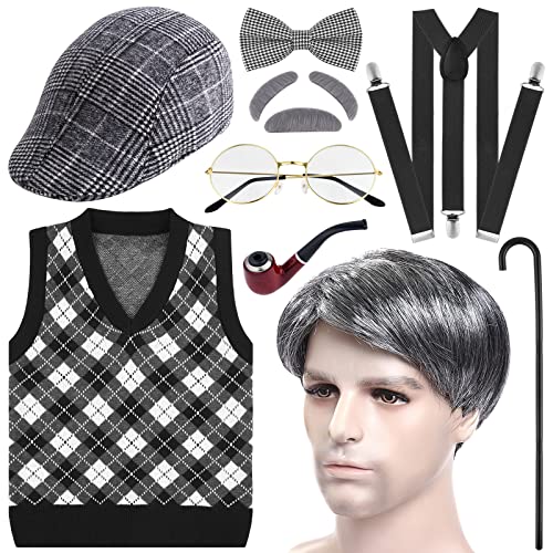 PLULON 100 Days of School Disfraz para niños 9 piezas Halloween Old Man Costume Hat, Gafas y Grandpa Vest Set para niño (3T(3-4yr), Gray Plaid) Cover