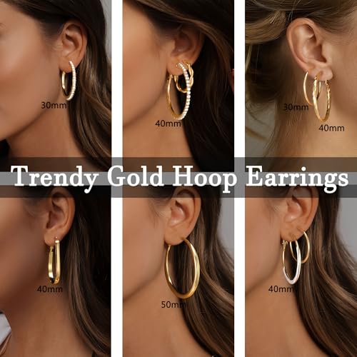 Image of 12 Pairs Gold Hoop Earrings Set for Women, Lightweight Hoop Jewelry