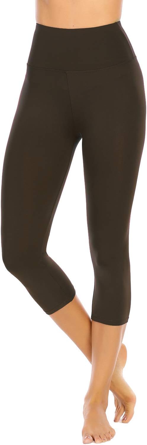 Women Extra Soft Capri Leggings with High Waist Casual Outwear Pants(Brown,S)
