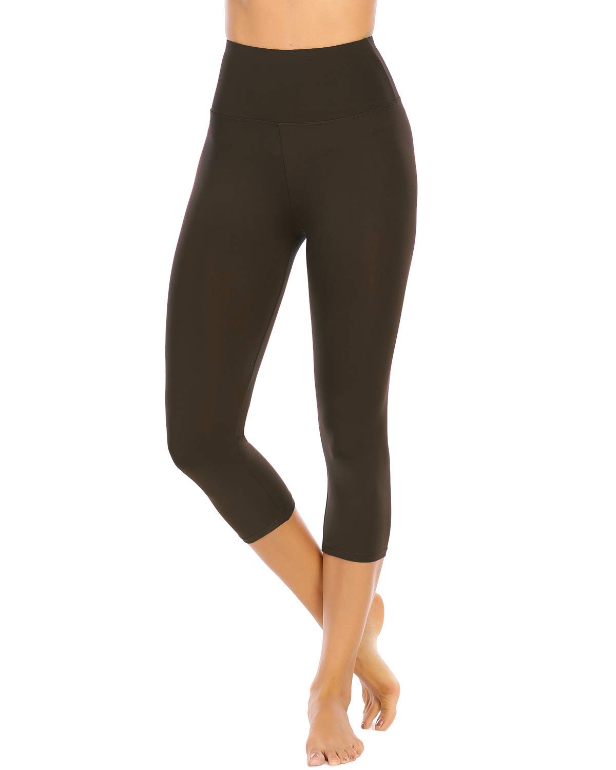 Women Extra Soft Capri Leggings with High Waist Casual Outwear Pants(Brown,S)