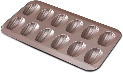 Gurlideo Madeleine - Bandeja antiadherente de acero al carbono para hornear, molde para tartas de 12 agujeros, color dorado