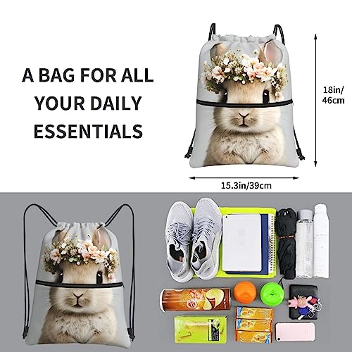 Dujiea Drawstring Backpack, Adjustable Bunny In Floral Bouquet Gym Bag Sackpack Cinch Sports Backpack For Men Women Shopping Yoga Swimming Traveling3