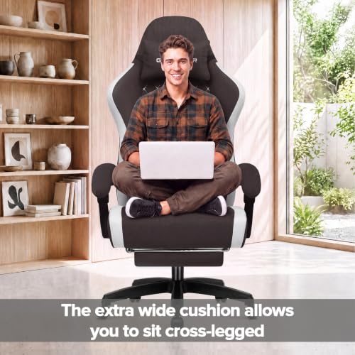 Image of GTPLAYER Gaming Chair with Footrest Fabric Office Chair with Pocket Spring Cushion and Linkage Armrests, High Back Ergonomic Computer Chair with Lumbar Support Task Chair Brown