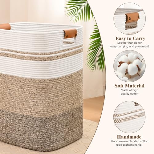 Image of Laundry Hamper, 85L Tall Laundry Basket with Leather Handles, Rectangle Large Clothes Hamper for Organizing, Cotton Woven Laundry Baskets Storage Hampers for Bedroom, Nursery, Living Room
