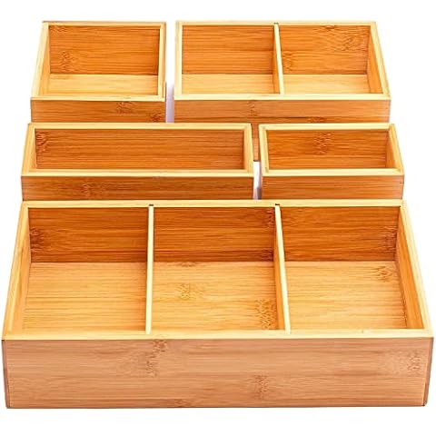 Winged Sirius 5-Piece Bamboo Drawer Organiser | Multi-Sized Compartments with Removable Dividers | Set of 5 Durable Wood Storage Boxes with Extra Foot Pads | Perfect for Home and Office Use Cover