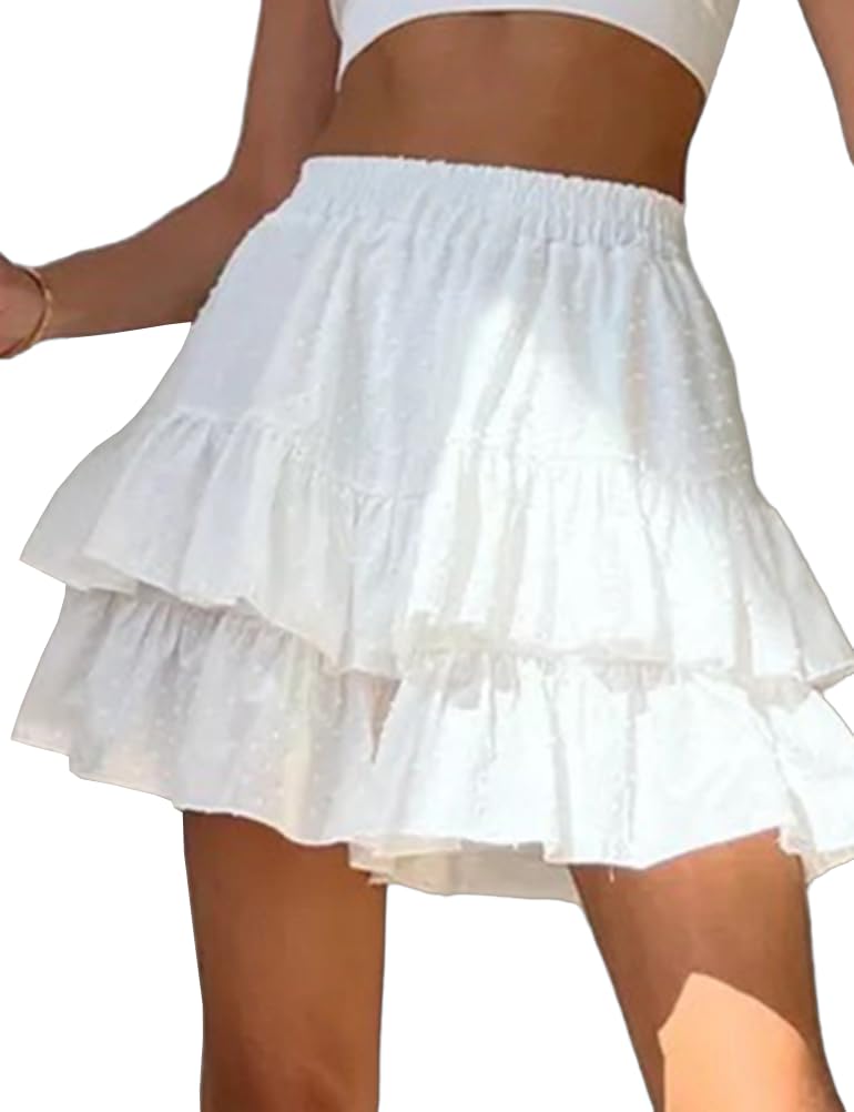 IDEALSANXUN Flowy Shorts for Women 2025 Spring Summer Tiered Skorts Elastic High Waisted A Line Tennis Beach Pleated Ruffle Mini Skirt, White, XL