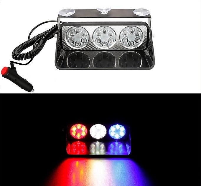 Image of AutoBizarre 12V Car Dash Emergency Warning Strobe Red Blue Flasher Windshield Sucker LED light With Multiple Flashing Modes For All Cars, Emergency Vehicles, etc. (18 LED Red Blue White)