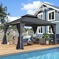SHPAI 12’ x 14’ Hardtop Gazebo, Outdoor Aluminum Gazebo with Galvanized Steel Double Roof Canopy, Outdoor Permanent Metal Pavilion with Curtains and Netting for Patio, Backyard and Lawn, Dark Grey