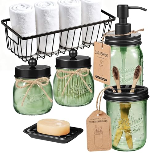 SheeChung Mason Jar Bathroom Accessories Set 6Pcs Green Glass Bathroom Set
