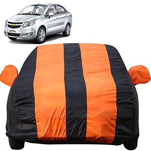 Image of Autofact Car Body Cover for Chevrolet Sail (Mirror Pocket, Premium Fabric, Triple Stiched, Fully Elastic, Orange /Blue Color)