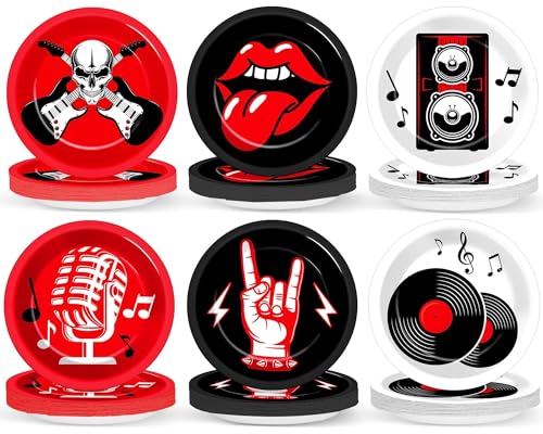 60Pcs Rock Theme Party Paper Plates for Music Birthday 9in 1950's Record Party Disposable Dessert Cake Tableware Dinnerware Set for Kids Baby Shower Decoration Anniversary 50s 60s Theme Party Supplies