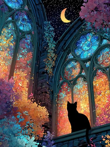 Rompecabezas de 1000 piezas para adultos: Gato negro bajo la luz de la luna, arte fantástico | Encaje seguro, superficie mate antideslumbrante, cartón grueso. Guía de clasificación A–F, póster y acabado enmarcable incluidos miniatura 1