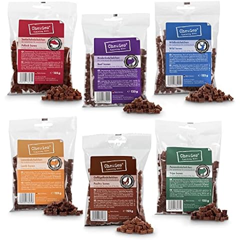 Chewies Hundeleckerli Mix - 6 x 125 g - Rind, Pansen, Geflügel, Lamm, Wild & Lachs Knöchelchen - Hundesnacks zuckerfrei & Cover