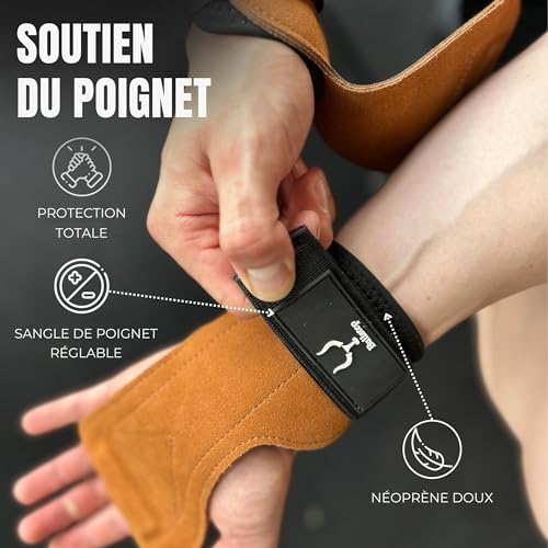 Manique Crossfit Gants Cuir | Sangle Musculation Poignet | Manique Gym | Grips Protection Homme Femme | Sangle de Tirage pour Gymnastique, Fitness, Haltérophilie – Image 4