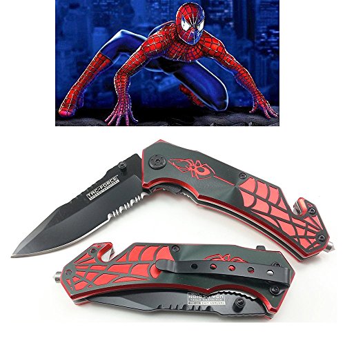 Spider Man 8 Inch Spring Assisted Pocket Knife With Glass Breaker + Belt