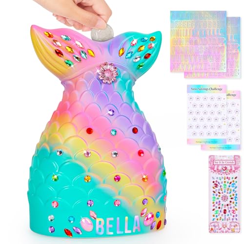 MHJY Piggy Bank Unbreakable Coin Bank Mermaid Money Bank with DIY Stickers Home Decor Birthday Easter, Rainbow