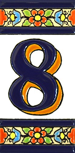 Números casa. Letreros con numeros y letras en azulejo de ceramica policromada, pintados a mano en técnica cuerda seca para placas con nombres, direcciones y señaléctica. Texto personalizable. Diseño FLORES MEDIANO 10,9 cm x 5,4 cm. (NUMERO OCHO "8") Cover
